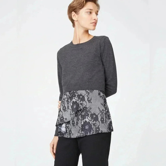 Club Monaco Caribel Merino Wool Layered Floral Gray Sweater Size Small - Picture 1 of 11